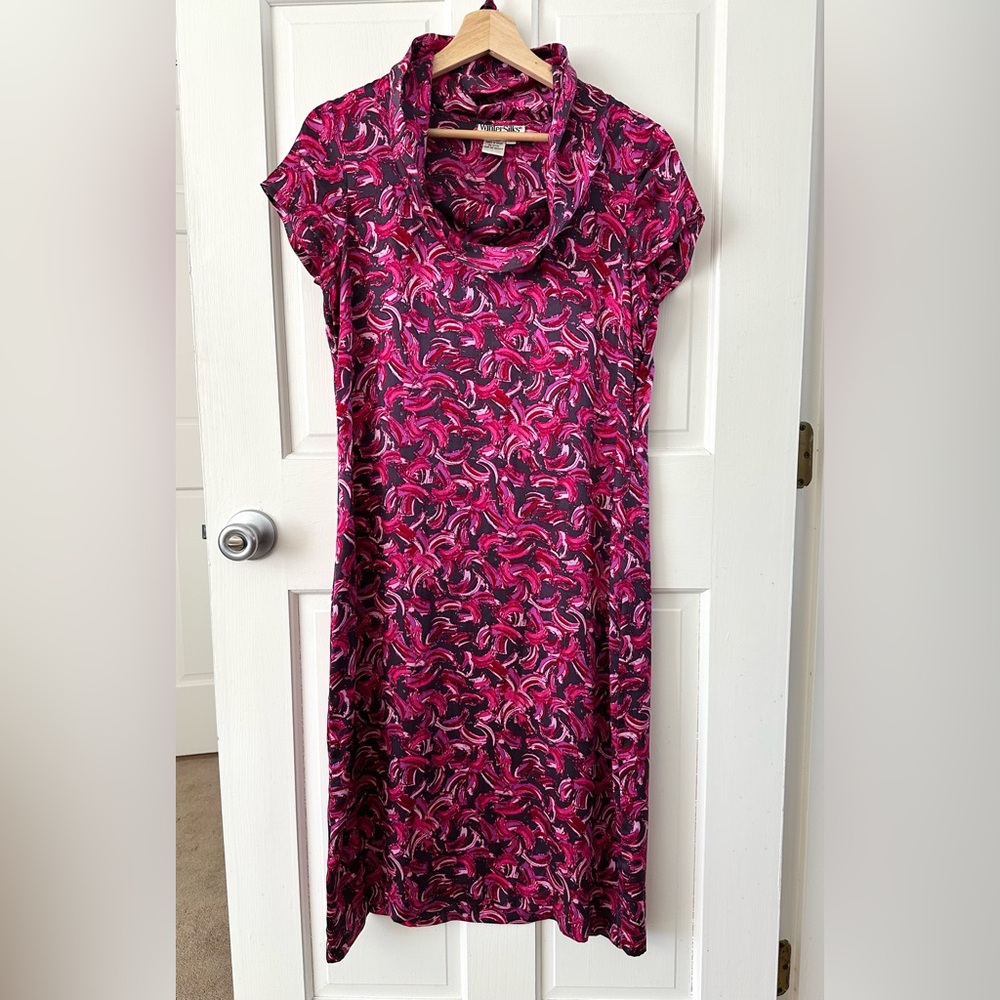 WinterSilks Pink Swirl Cowl Neck Midi Dress Scarf Belt Tie 100% Silk Size S